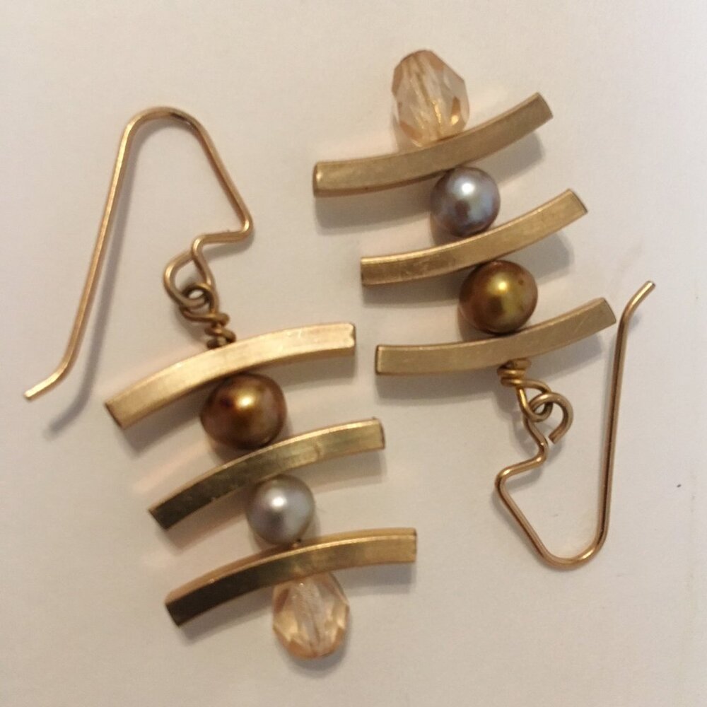 Topaz Pearl Earrings Gold Filled Asian Bars Beaded Hook Dangle Handmade New Gift